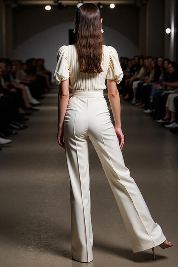 Ivory Slim Fit Work Jumpsuits with Puff Sleeves
